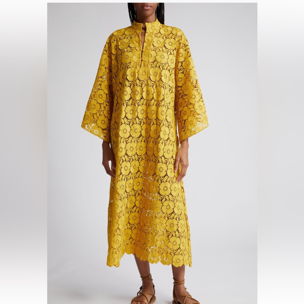 NWT La Vie Style House Lace Floral Caftan Dress Coverup Mustard Yellow One Size